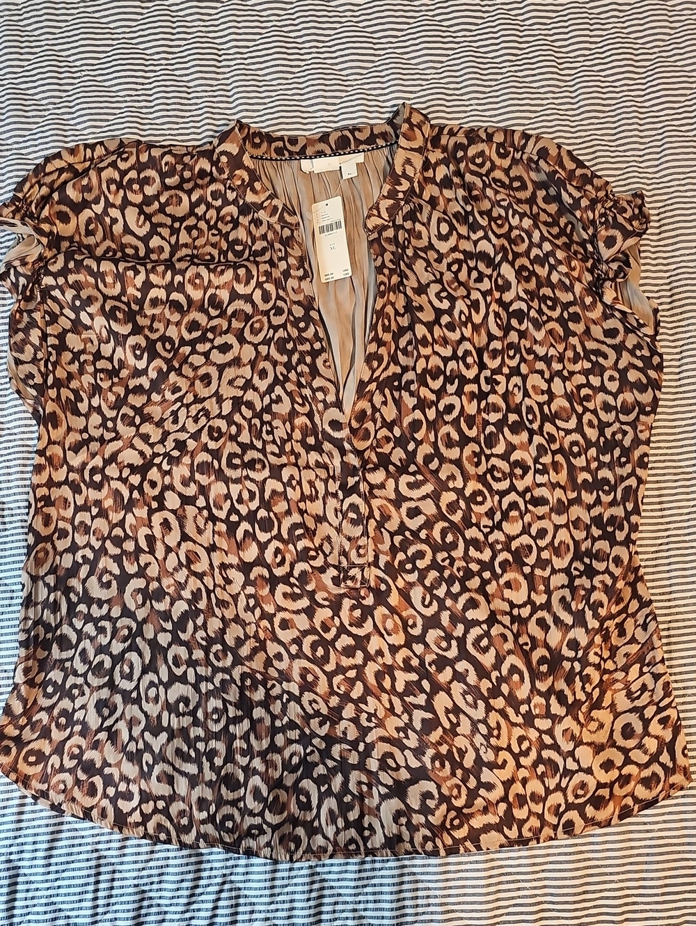 Anthropologie Brown and Tan Leopard-Print Short Sleeve Blouse